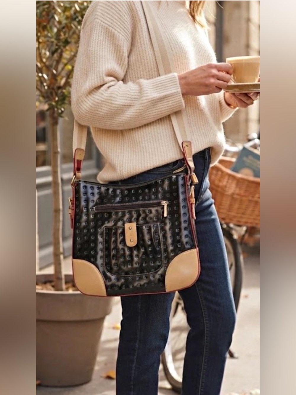 Arcadia Leather Black Crossbody Bag with Tan Trim